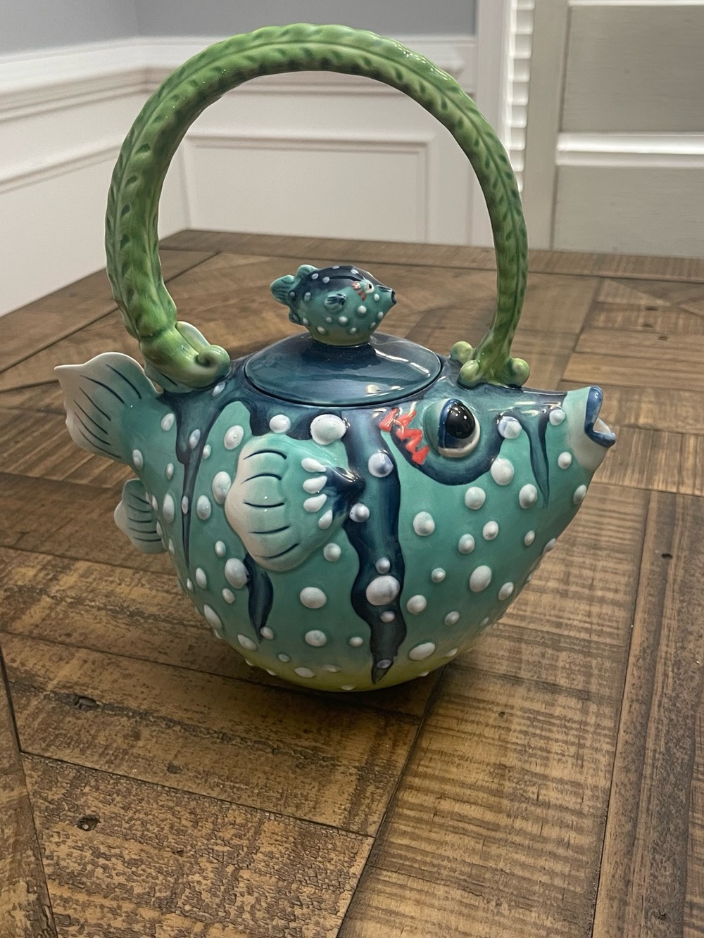 Blue Sky Clayworks ceramic Puffer Fish teapot by Jeanette McCall